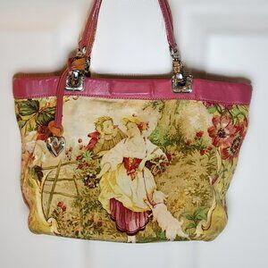 Brighton Jodi Reversible Tote Handbag Art Tapestry & Pink Leather 11x7x3